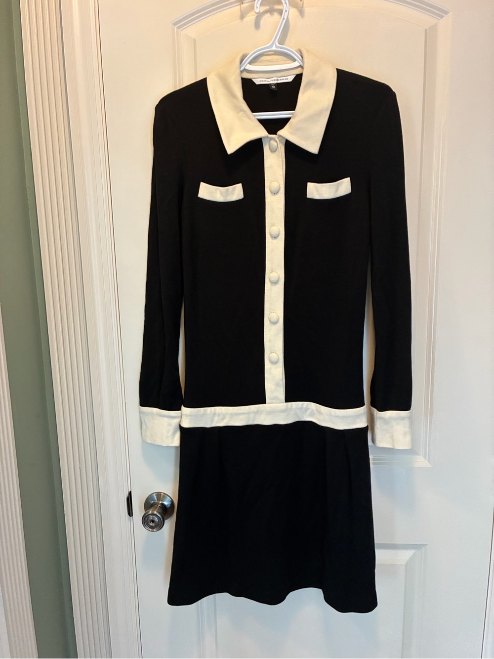 Diane Von Furstenberg Black Dress with Cream Trim - Long Sleeve
